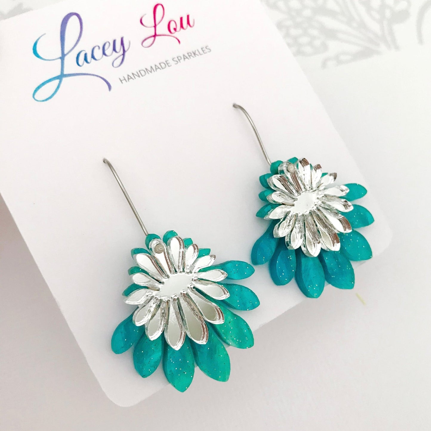 Medium Flower Frill Statement Dangle - Ocean Blue and Silver - Lacey Lou Sparkles