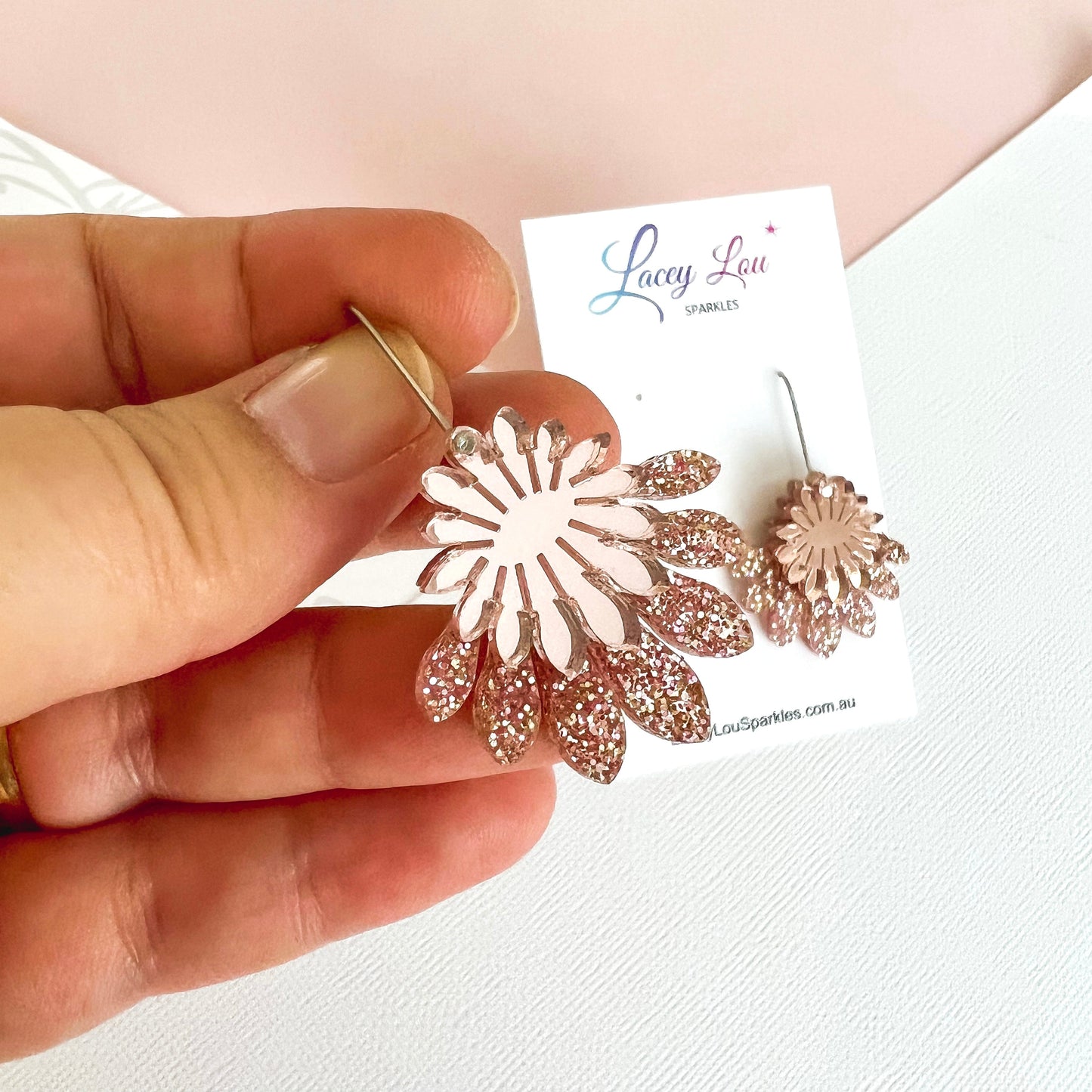 Medium Flower Frill Statement Dangle - Rose Gold Acrylic Earrings - Lacey Lou Sparkles