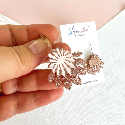 Medium Flower Frill Statement Dangle - Rose Gold Acrylic Earrings - Lacey Lou Sparkles