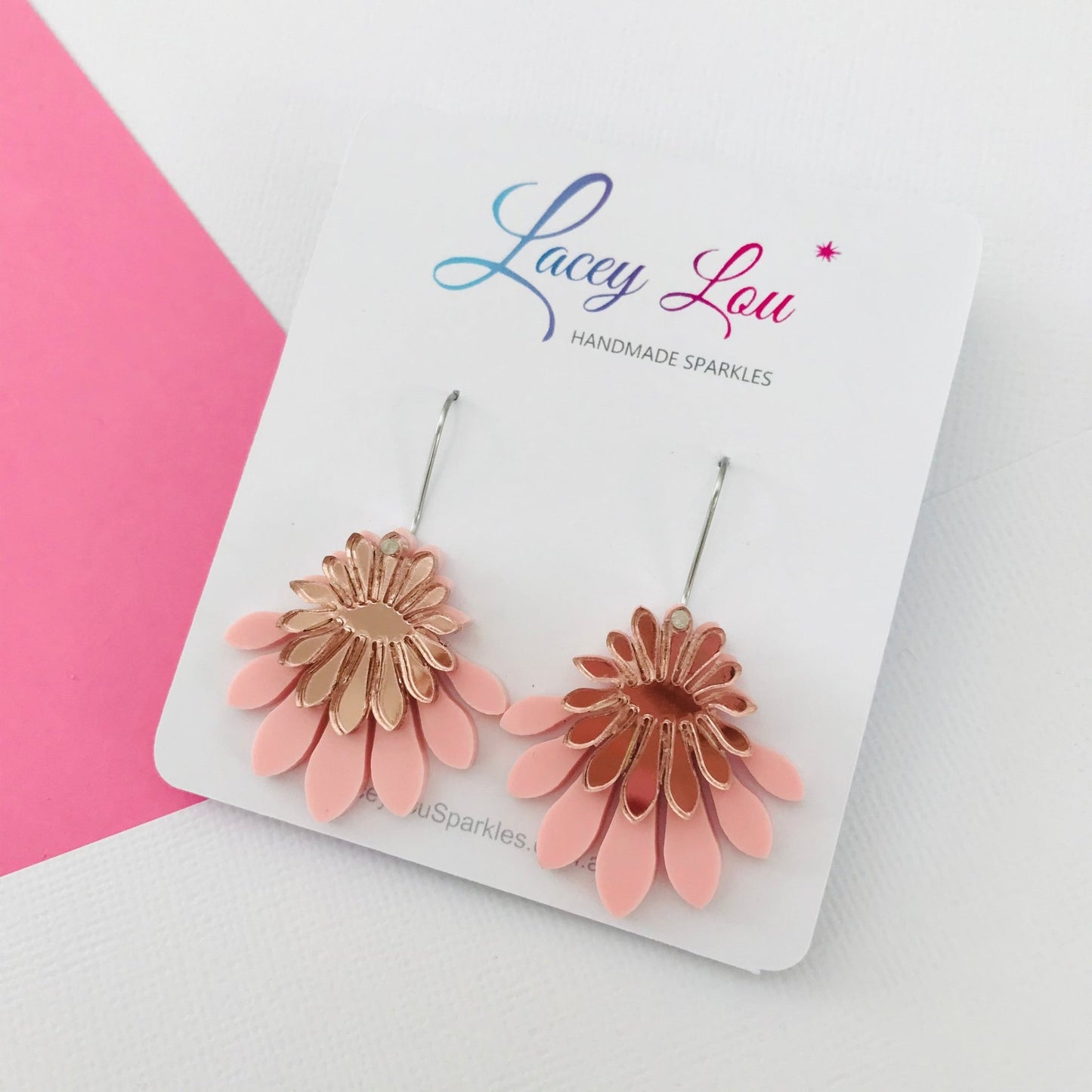 Medium Flower Frill Statement Dangle - Rose gold and pink - Lacey Lou Sparkles