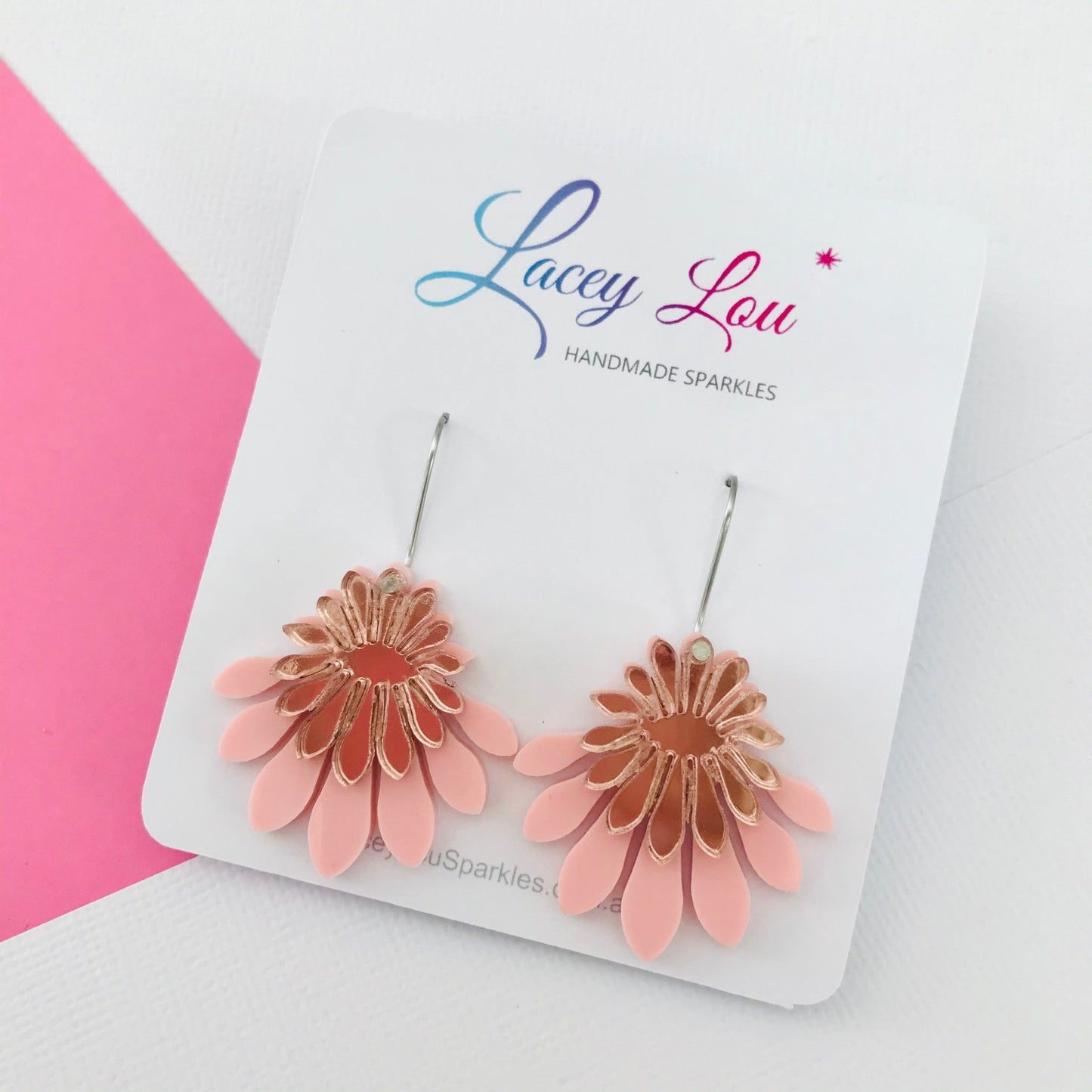 Medium Flower Frill Statement Dangle - Rose gold and pink - Lacey Lou Sparkles
