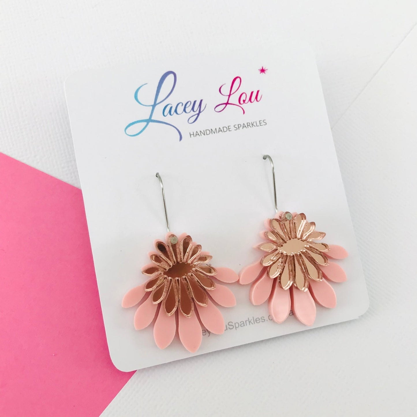 Medium Flower Frill Statement Dangle - Rose gold and pink - Lacey Lou Sparkles