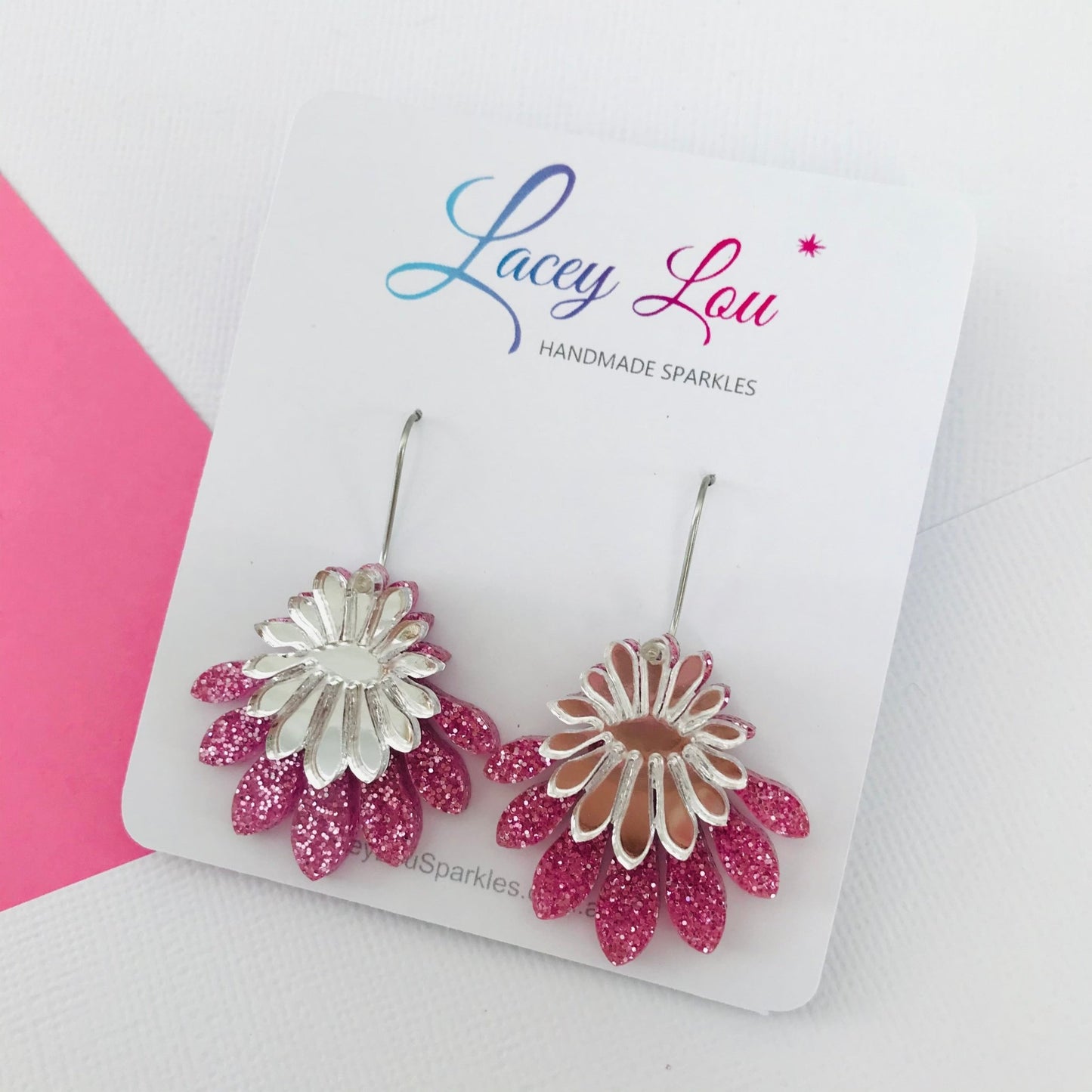 Medium Flower Frill Statement Dangle - Silver and pink glitter - Lacey Lou Sparkles