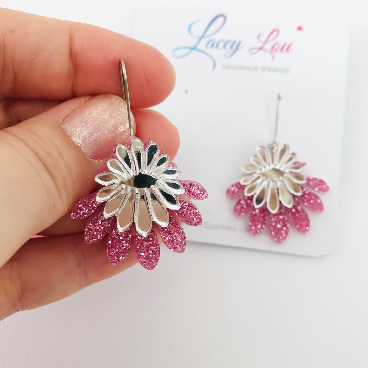 Medium Flower Frill Statement Dangle - Silver and pink glitter - Lacey Lou Sparkles