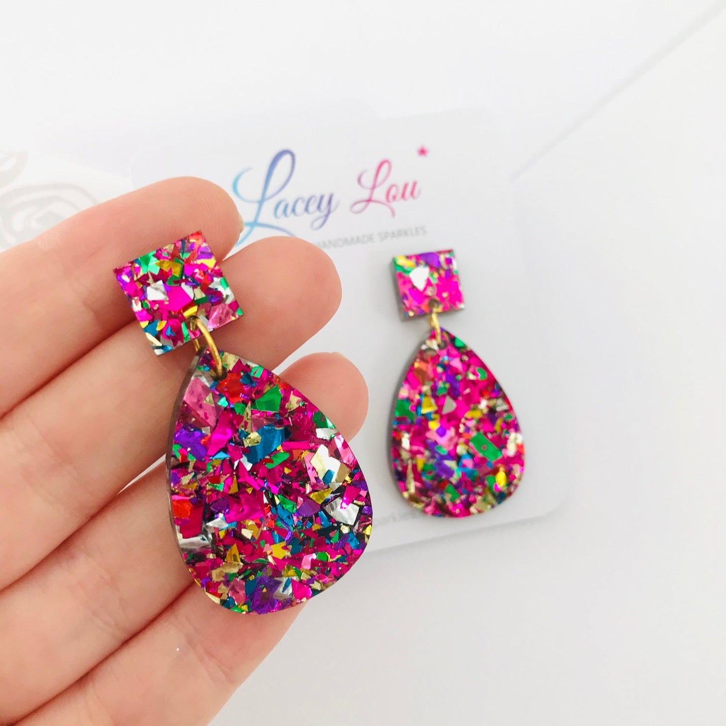 Medium Teardrop Dangle - Rainbow Glitter Acrylic Earrings - Lacey Lou Sparkles