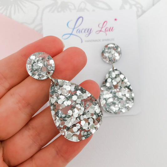 Medium Teardrop Dangle - Silver Glitter Acrylic Earrings - Lacey Lou Sparkles