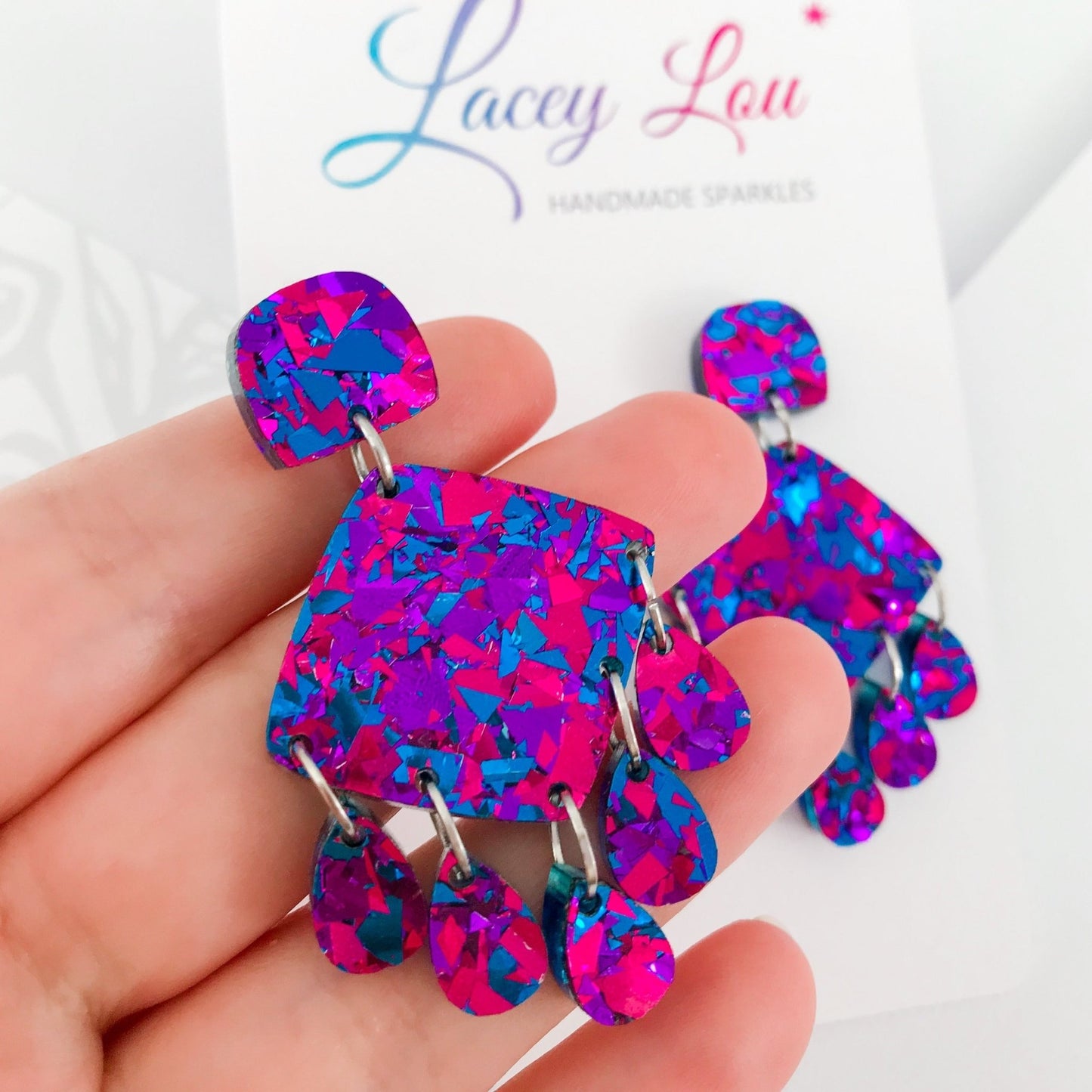 Midnight Blue Chandelier Dangles - Statement Acrylic Earrings - Lacey Lou Sparkles