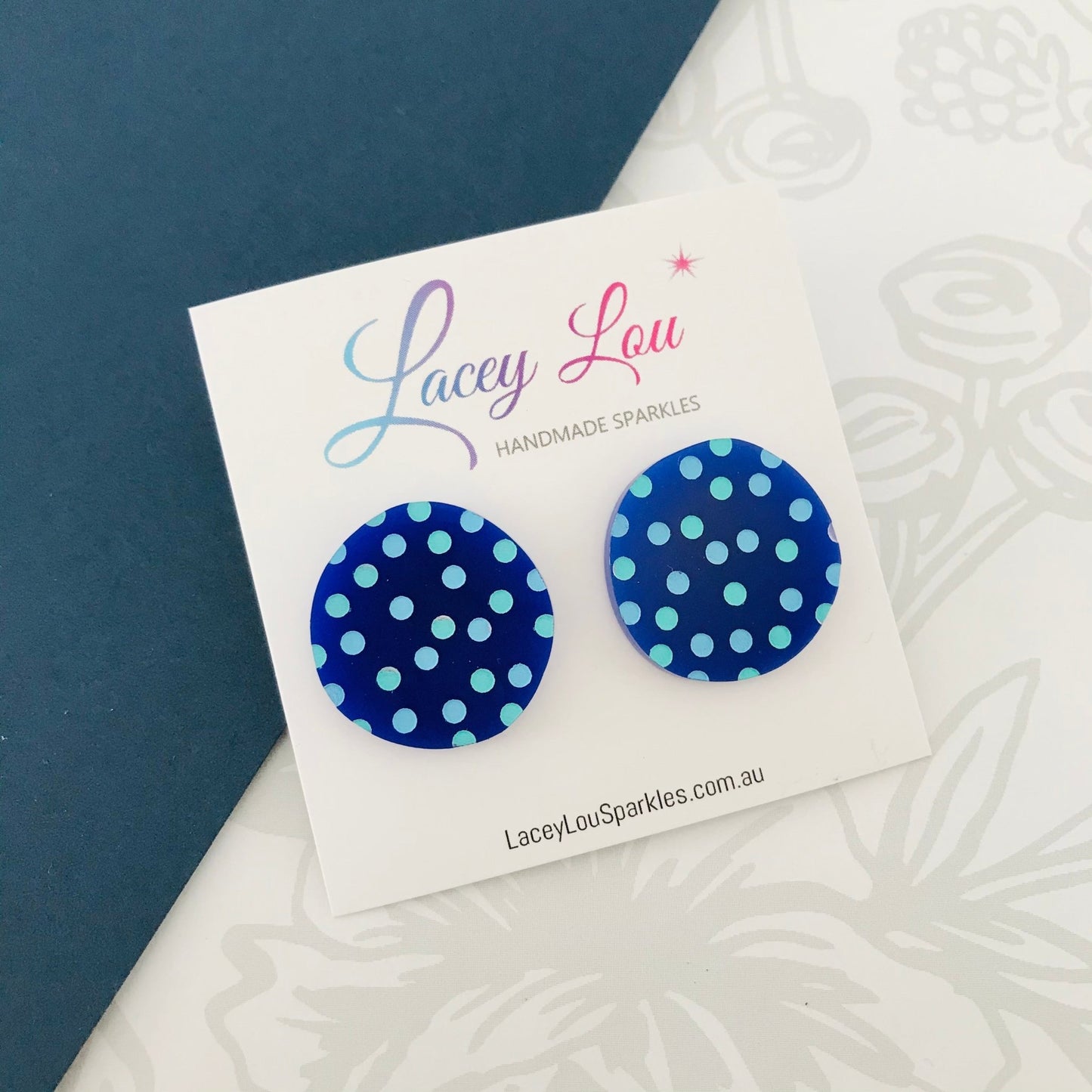 Navy Blue Dotty Acrylic Studs - Blue Dots - Lacey Lou Sparkles