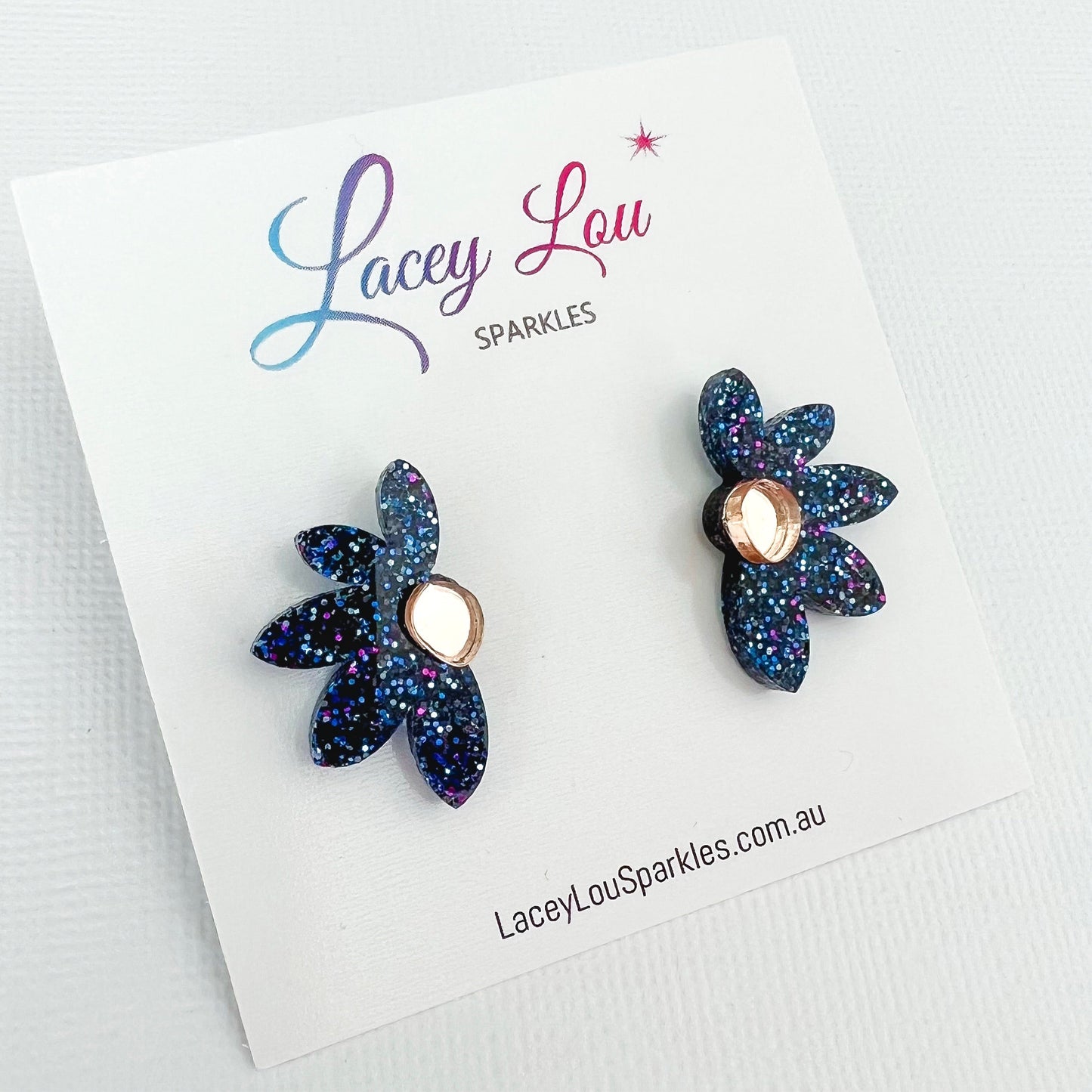 Navy Blue Glitter Bloom Acrylic Studs - Lacey Lou Sparkles