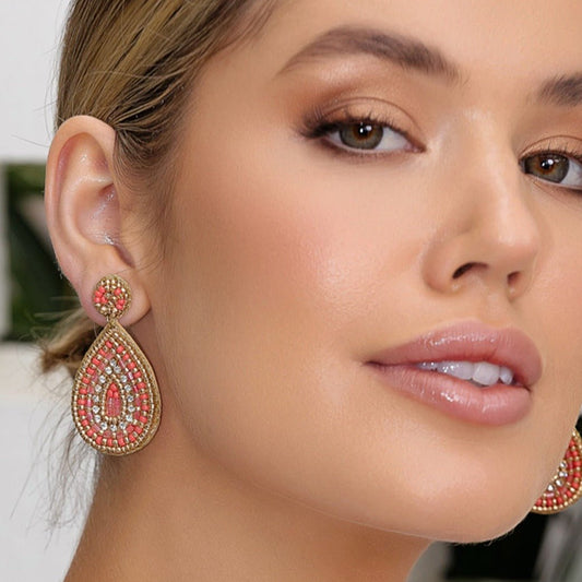 Paris Beaded Small Teardrop - Coral Red - Lacey Lou Sparkles