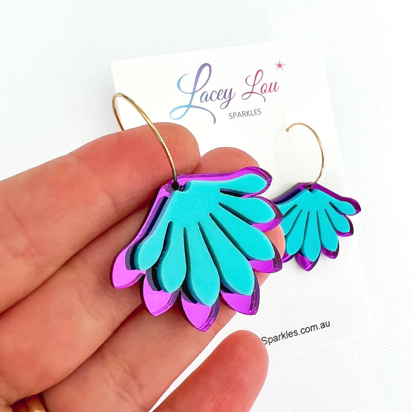 Peacock Bloom Acrylic Statement Hoop Dangle Earrings - Lacey Lou Sparkles