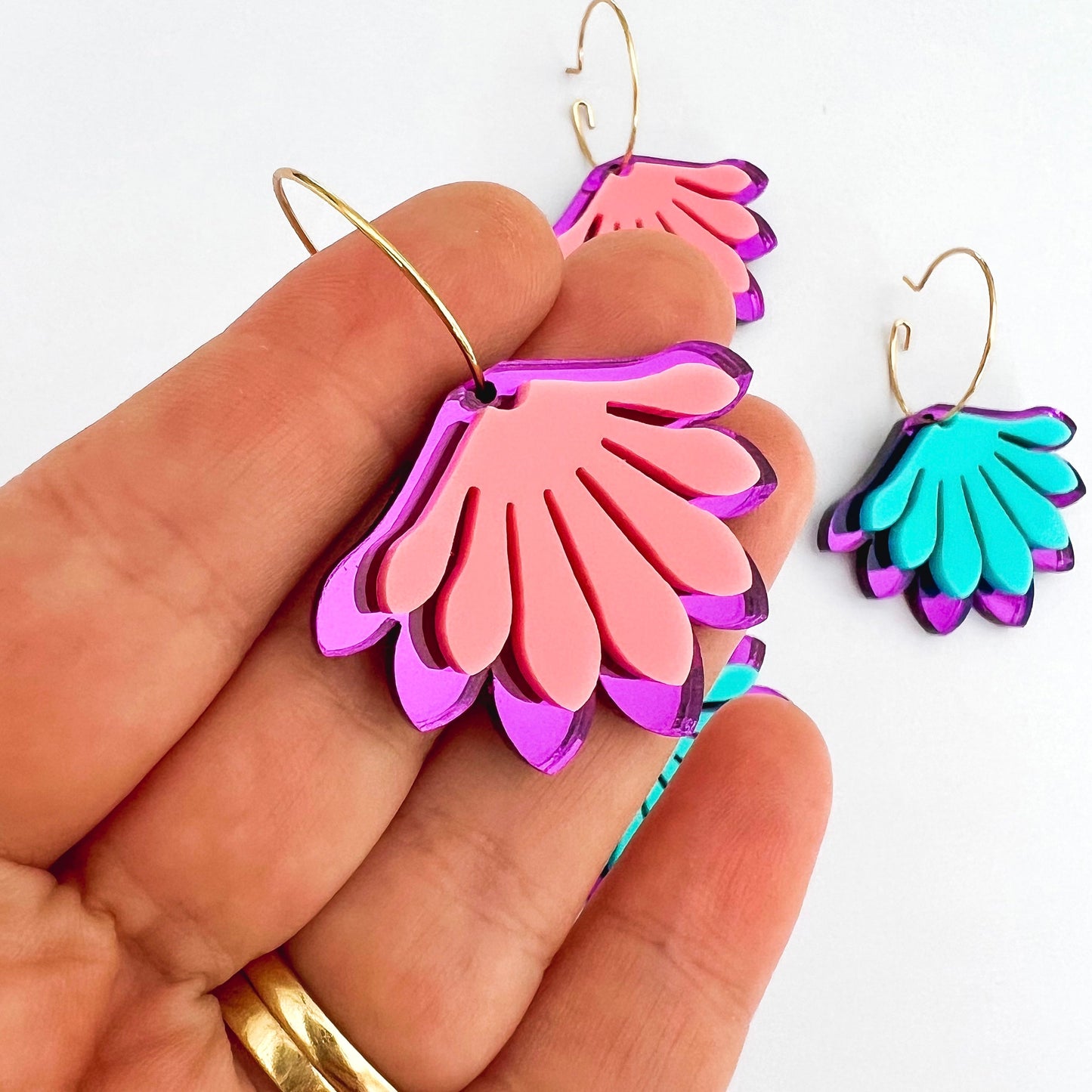 Pink Bloom Acrylic Statement Hoop Dangle Earrings - Lacey Lou Sparkles