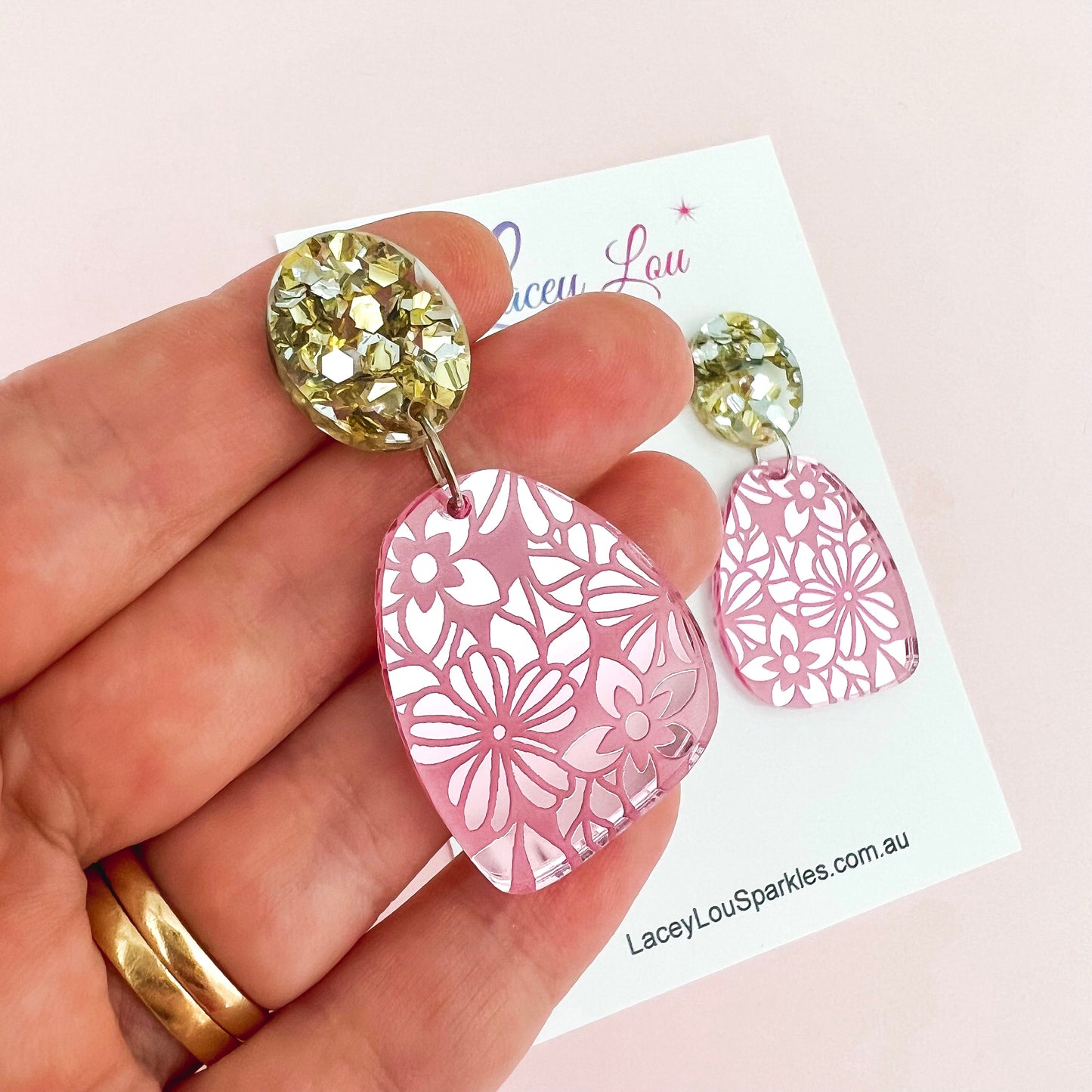 Pink Mirror Floral Abstract Dangles - Lacey Lou Sparkles