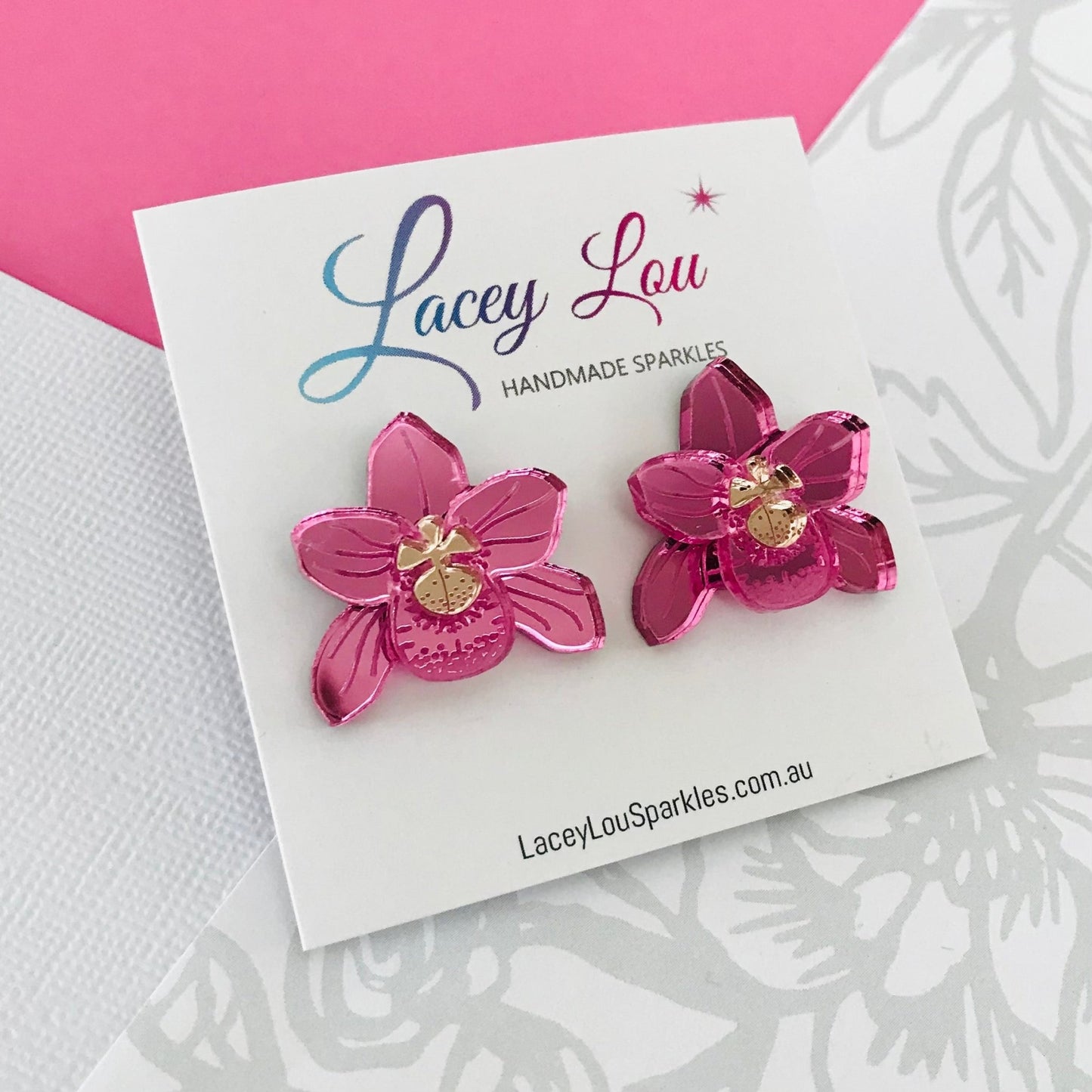 Pink Mirror Orchid Studs - Acrylic Earrings - Lacey Lou Sparkles