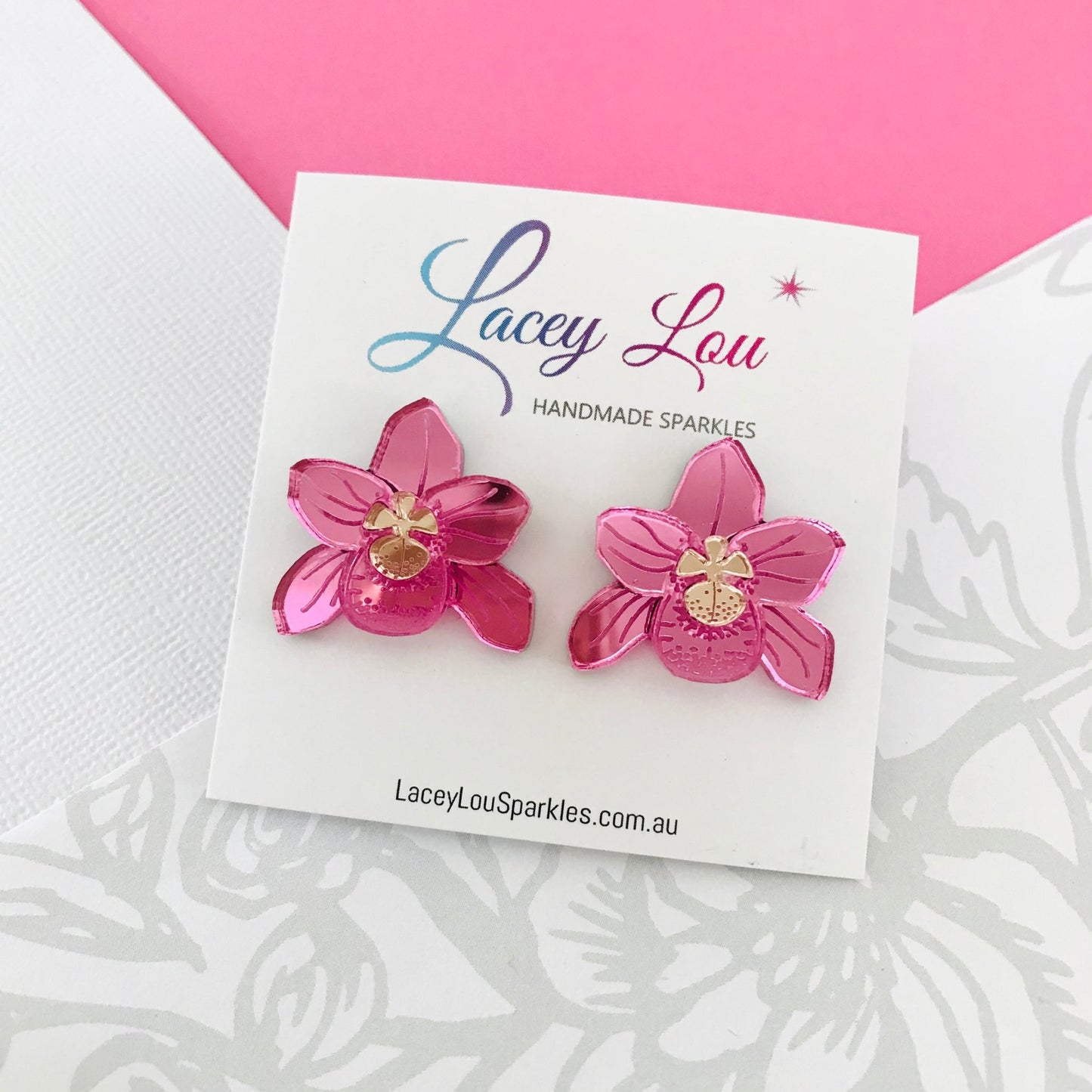 Pink Mirror Orchid Studs - Acrylic Earrings - Lacey Lou Sparkles
