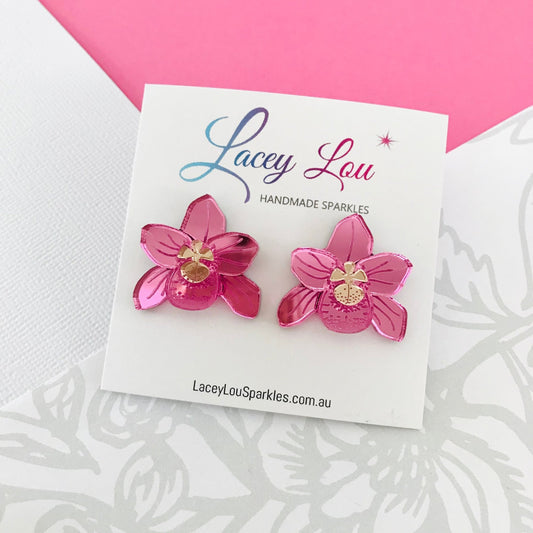 Pink Mirror Orchid Studs - Acrylic Earrings - Lacey Lou Sparkles
