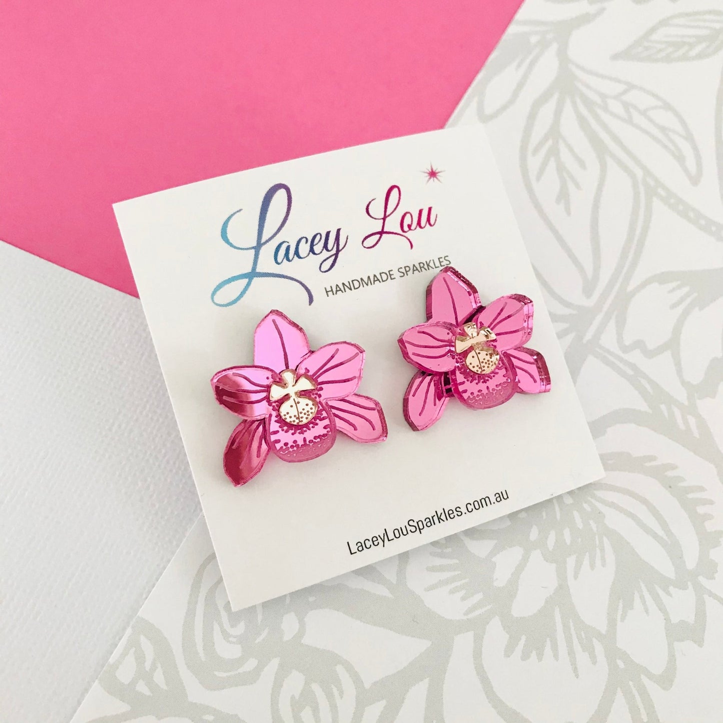 Pink Mirror Orchid Studs - Acrylic Earrings - Lacey Lou Sparkles
