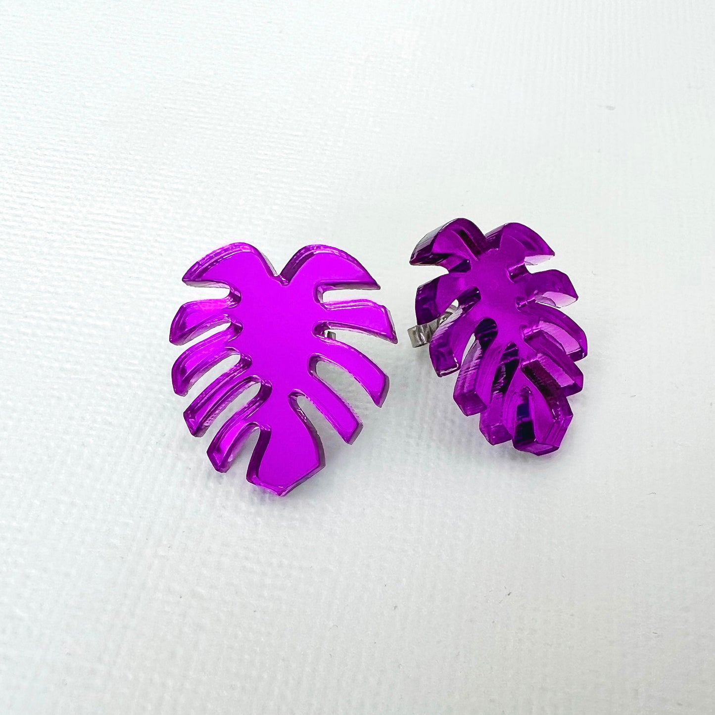 Purple Mirror Monstera Acrylic Studs - Lacey Lou Sparkles