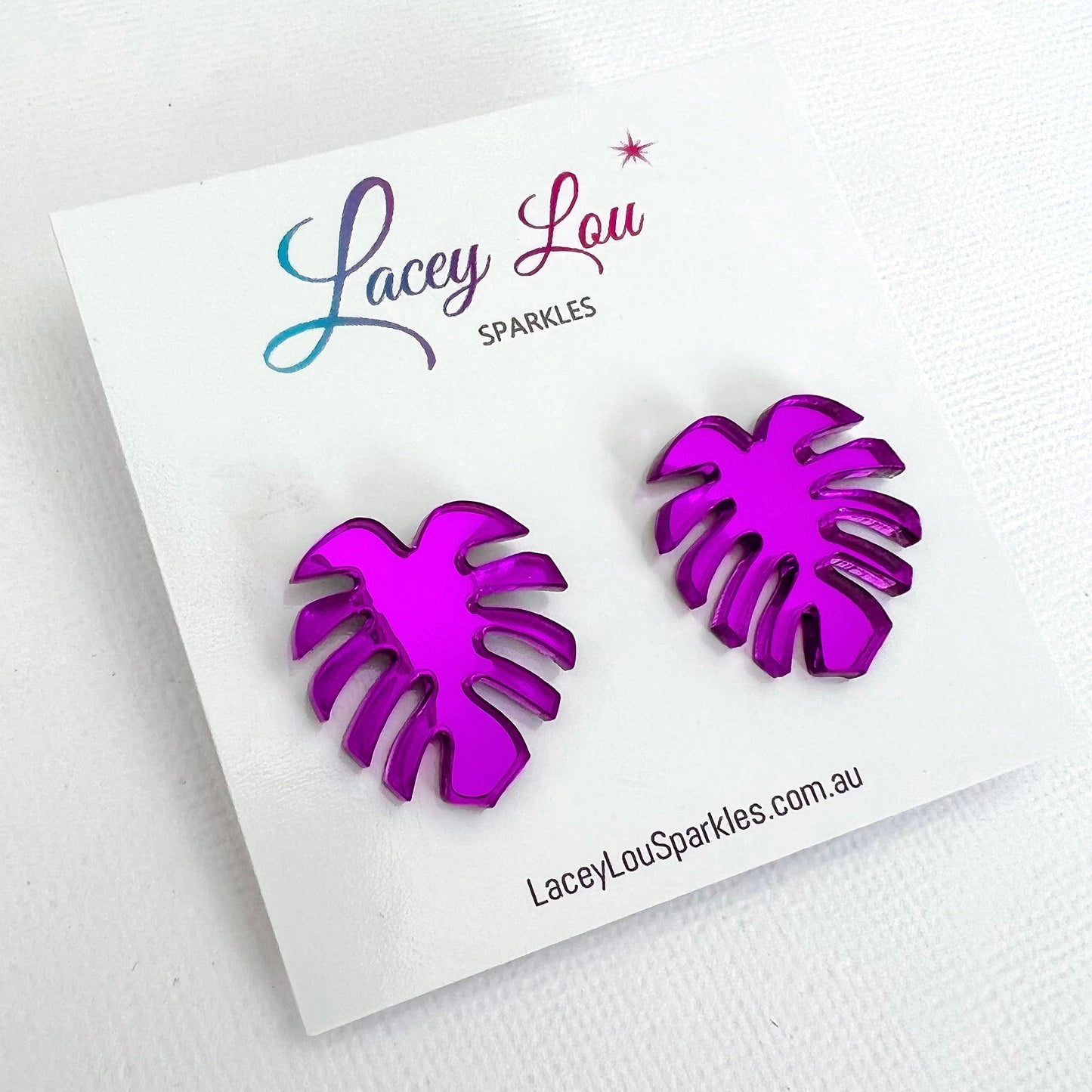 Purple Mirror Monstera Acrylic Studs - Lacey Lou Sparkles