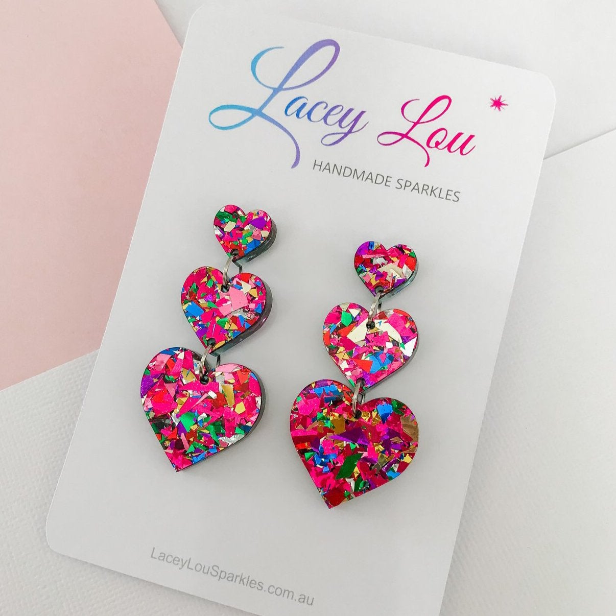Rainbow Heart Dangles - Rainbow Acrylic Earrings - Lacey Lou Sparkles
