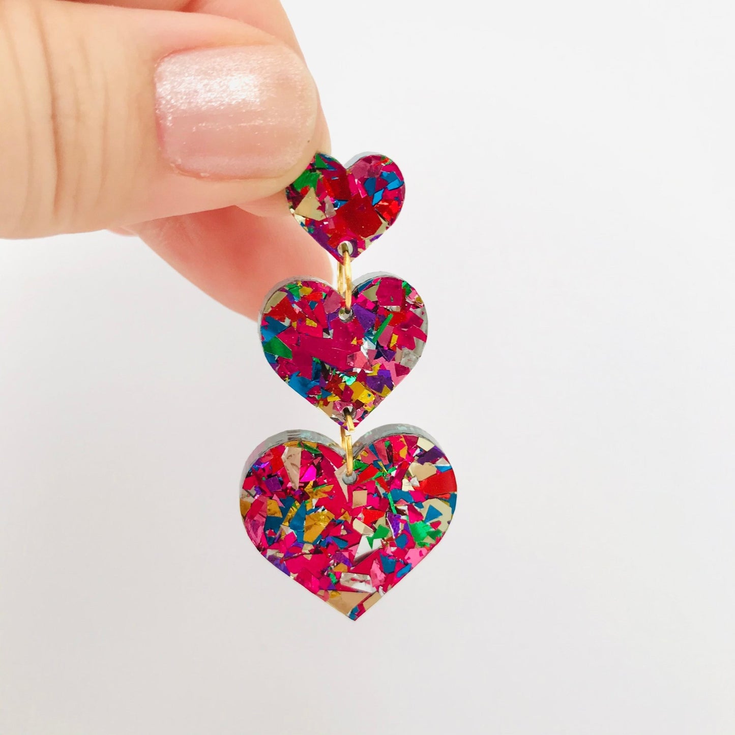 Rainbow Heart Dangles - Rainbow Acrylic Earrings - Lacey Lou Sparkles