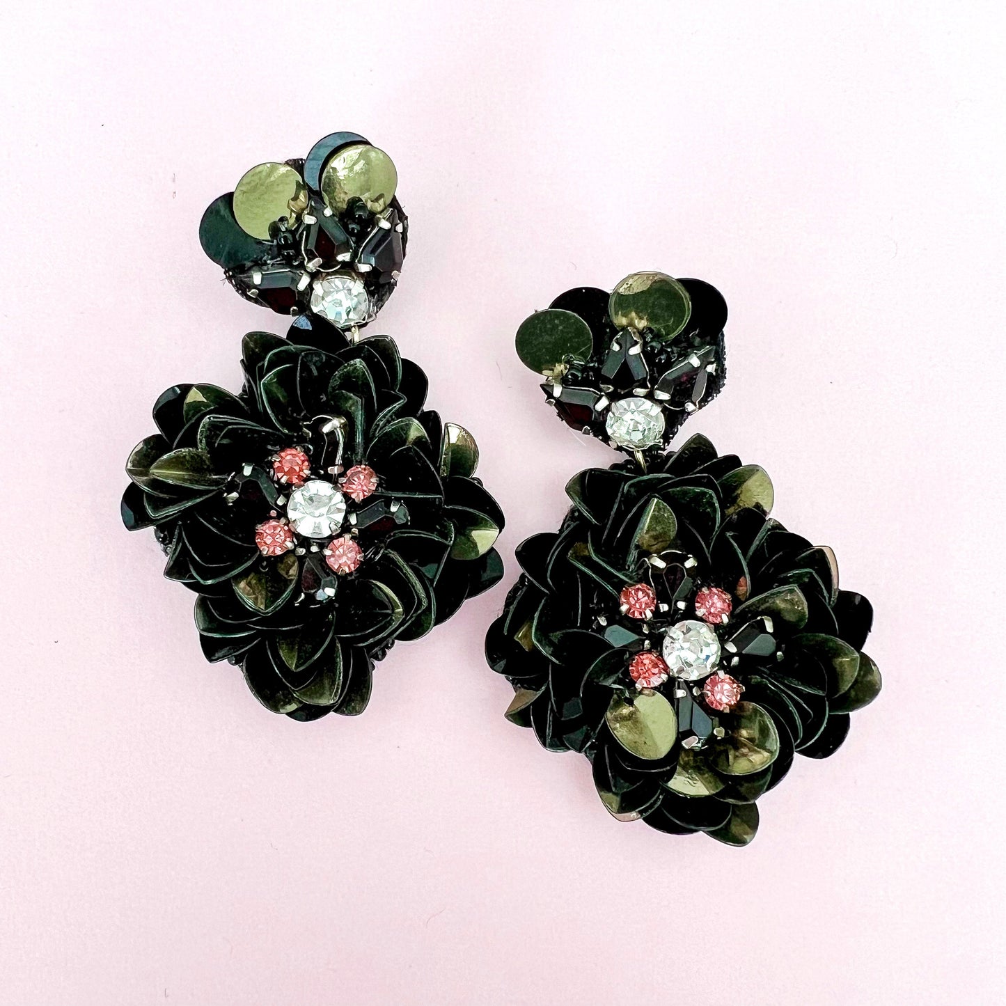 Rebecca Black Sequin Beaded Statement Flower Earrings - Lacey Lou Sparkles