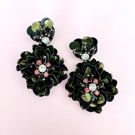 Rebecca Black Sequin Beaded Statement Flower Earrings - Lacey Lou Sparkles