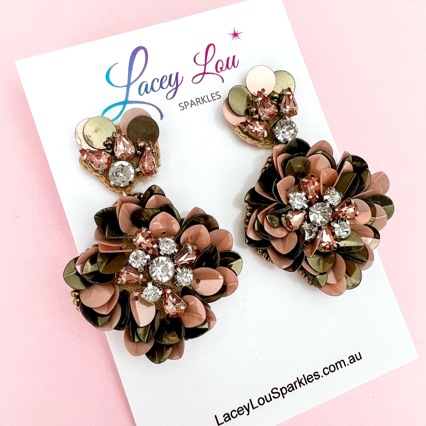 Rebecca Champagne Sequin Beaded Statement Flower Earrings - Lacey Lou Sparkles