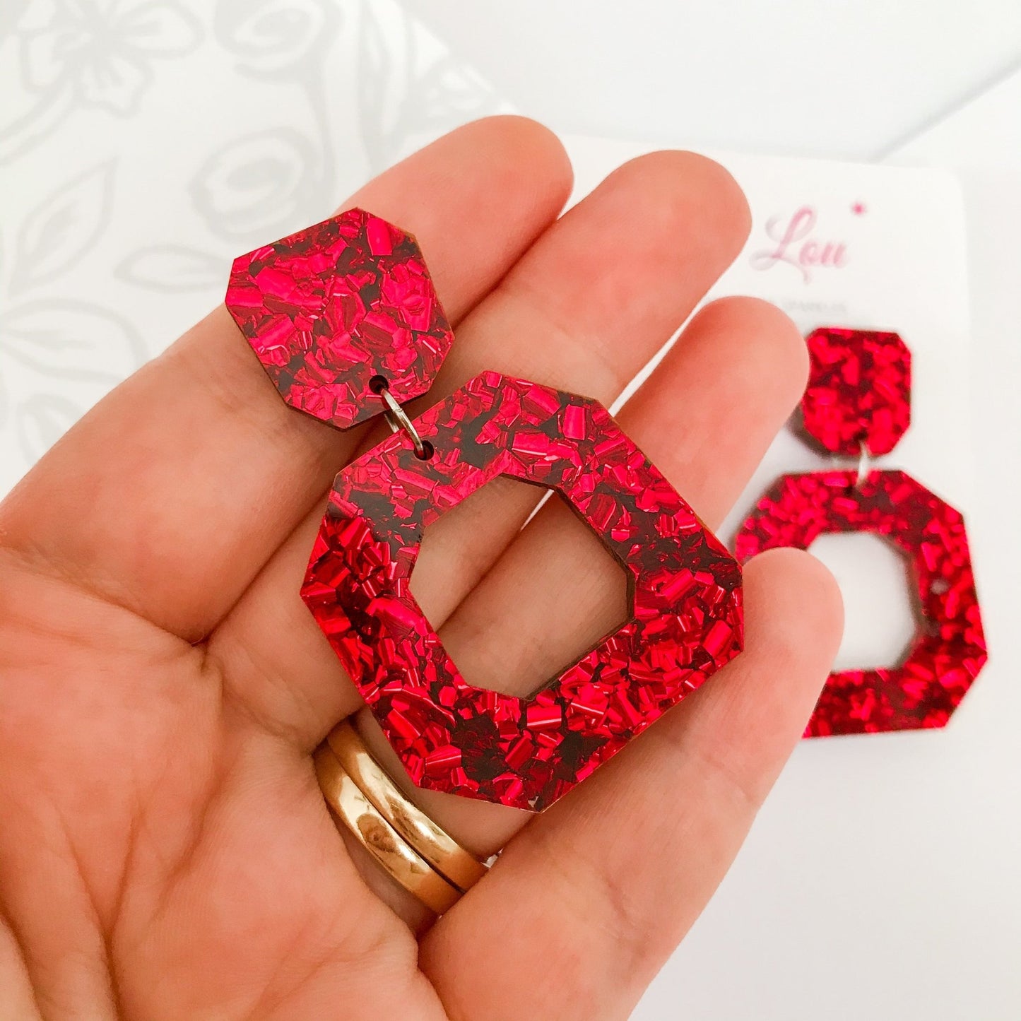 Red Glitter Abstract Statement Acrylic Earrings - Lacey Lou Sparkles