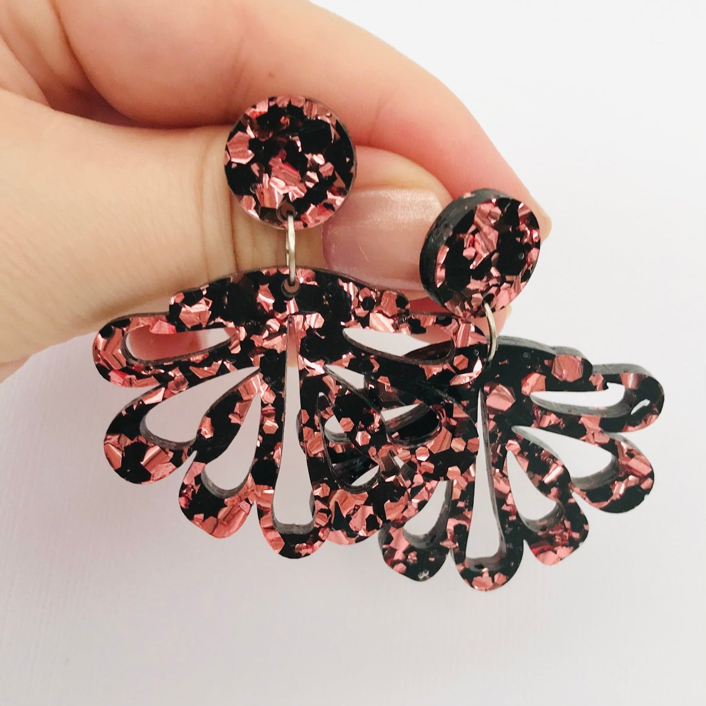 Rose Gold and Black Chandelier Dangles - Statement Acrylic Earrings - Lacey Lou Sparkles