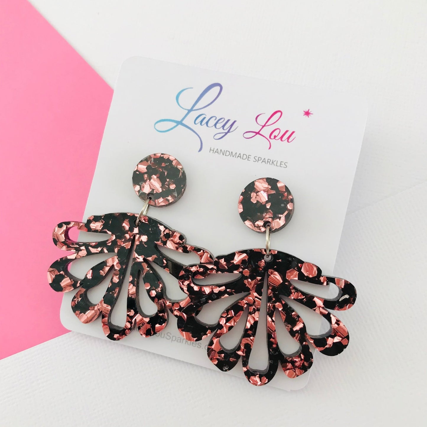 Rose Gold and Black Chandelier Dangles - Statement Acrylic Earrings - Lacey Lou Sparkles