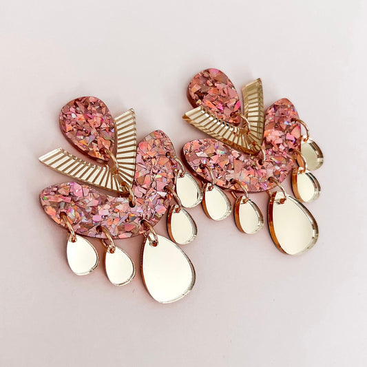 Rose Gold Chandelier Dangles - Statement Acrylic Earrings - Lacey Lou Sparkles