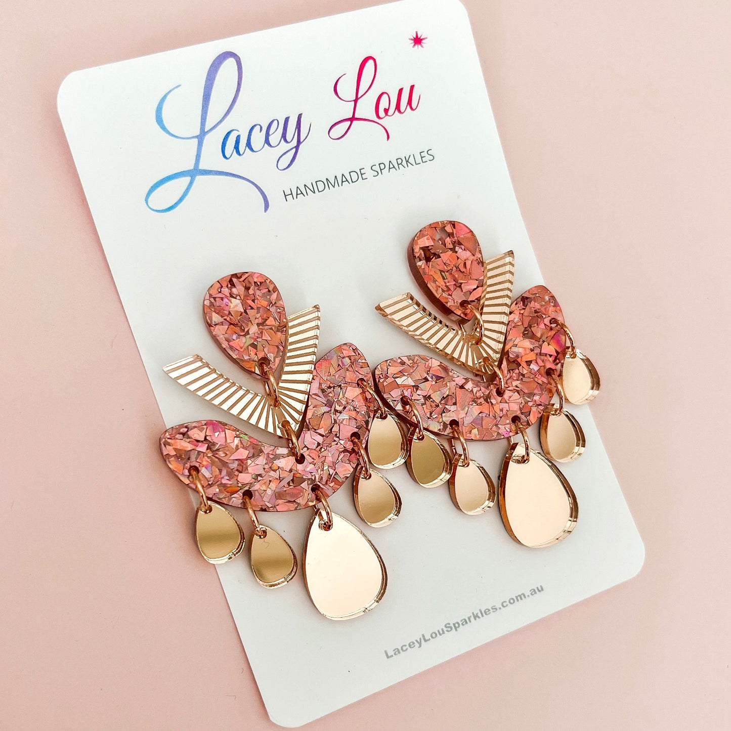Rose Gold Chandelier Dangles - Statement Acrylic Earrings - Lacey Lou Sparkles