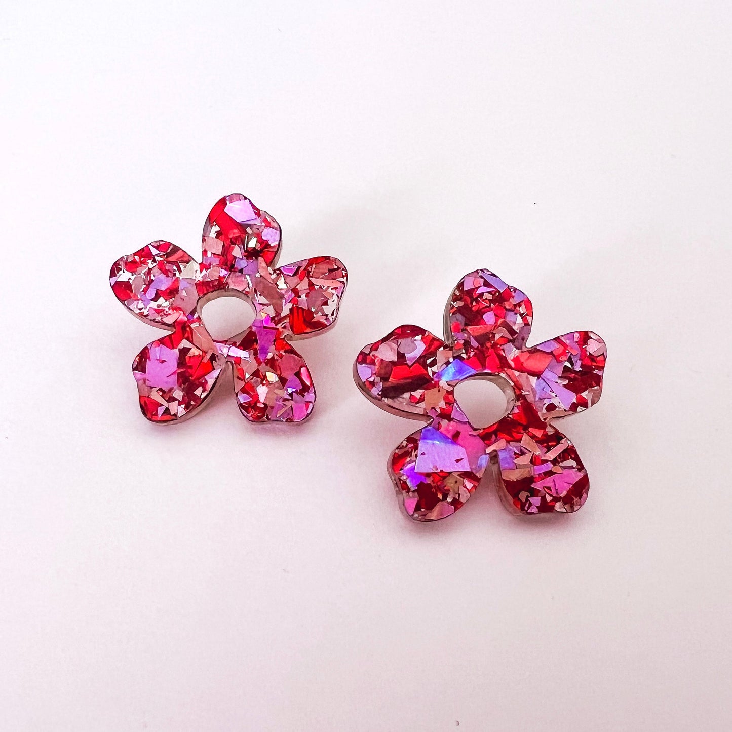 Small Acrylic Flower Studs - Rose Glitter - Lacey Lou Sparkles