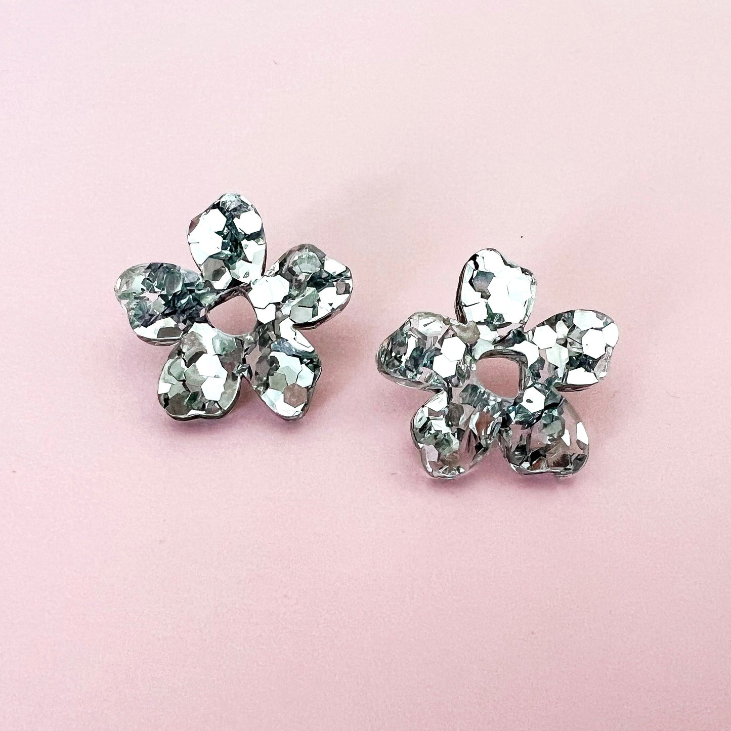 Small Acrylic Flower Studs - Silver Glitter - Lacey Lou Sparkles