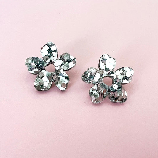 Small Acrylic Flower Studs - Silver Glitter - Lacey Lou Sparkles