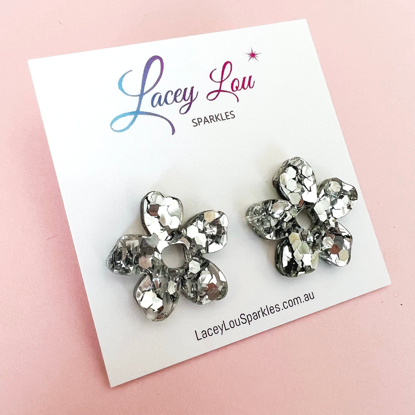 Small Acrylic Flower Studs - Silver Glitter - Lacey Lou Sparkles
