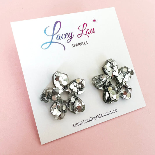 Small Acrylic Flower Studs - Silver Glitter - Lacey Lou Sparkles