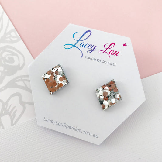 Small Diamond Stud - Silver Chunky Glitter Acrylic Earrings - Lacey Lou Sparkles