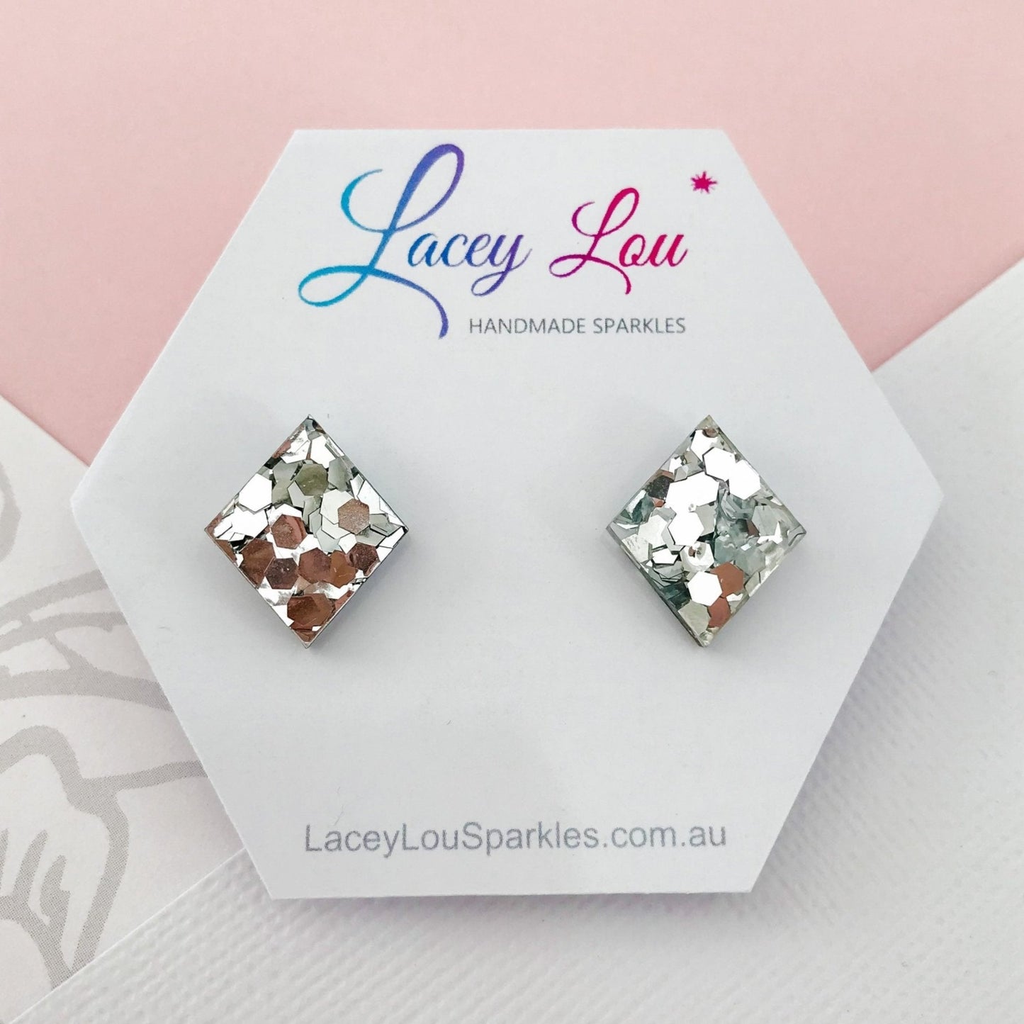 Small Diamond Stud - Silver Chunky Glitter Acrylic Earrings - Lacey Lou Sparkles