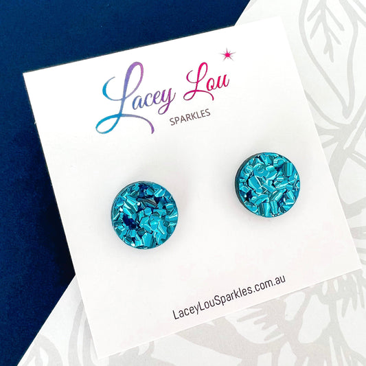 Small Round Acrylic Studs (15mm) - Baby Blue Chunky Glitter - Lacey Lou Sparkles