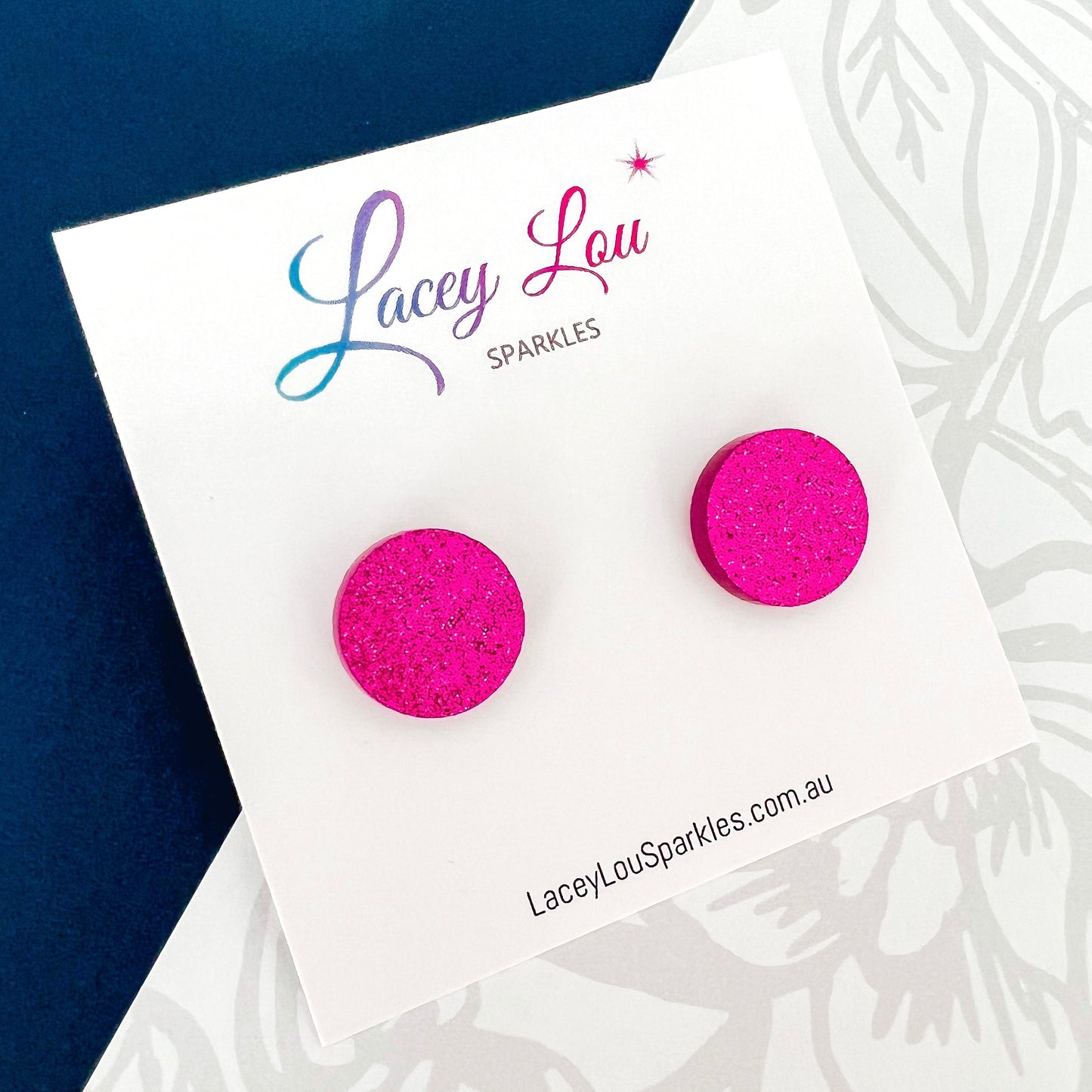 Small Round Acrylic Studs (15mm) - Fuchsia Fine Glitter - Lacey Lou Sparkles