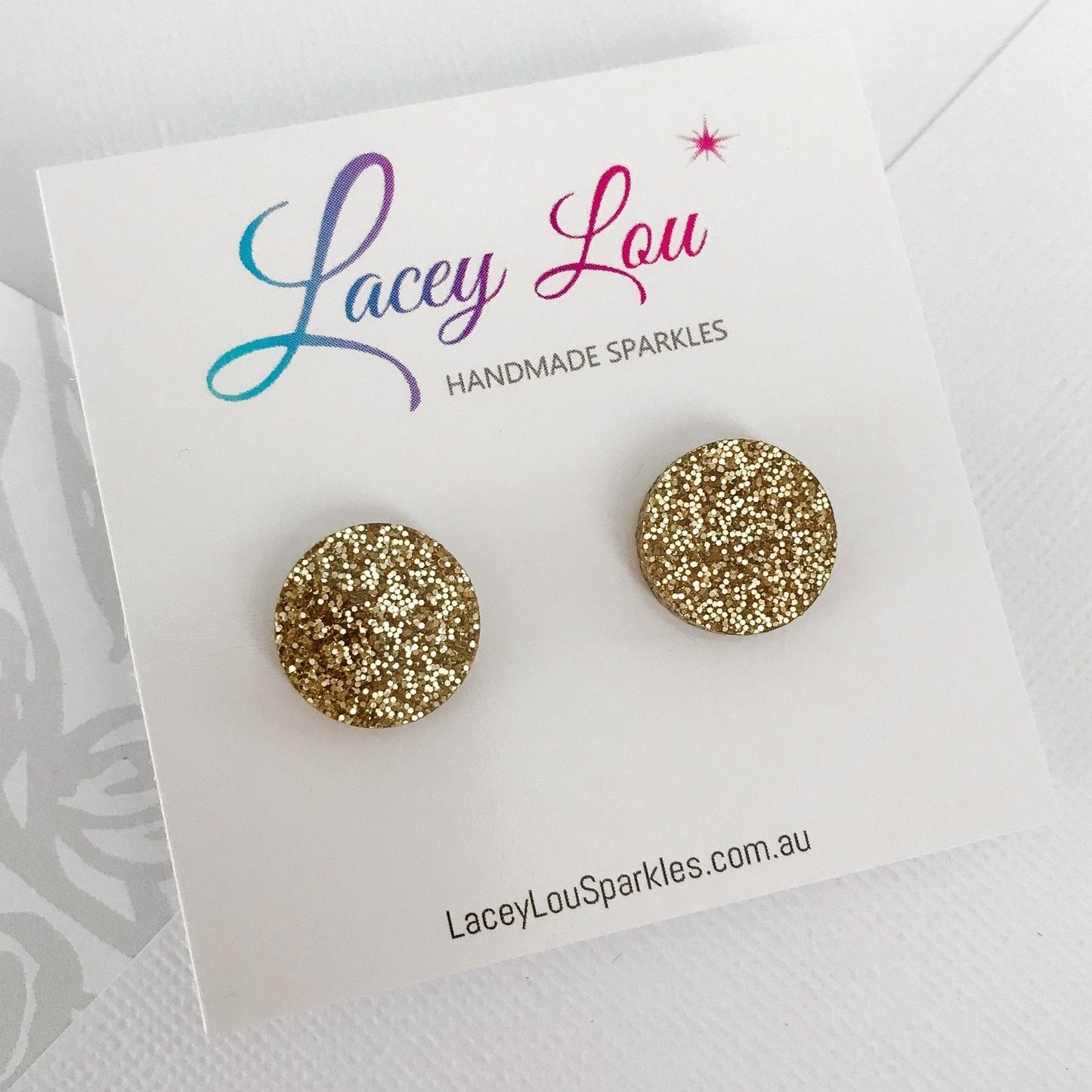 Small Round Acrylic Studs (15mm) - Gold Fine Glitter - Lacey Lou Sparkles