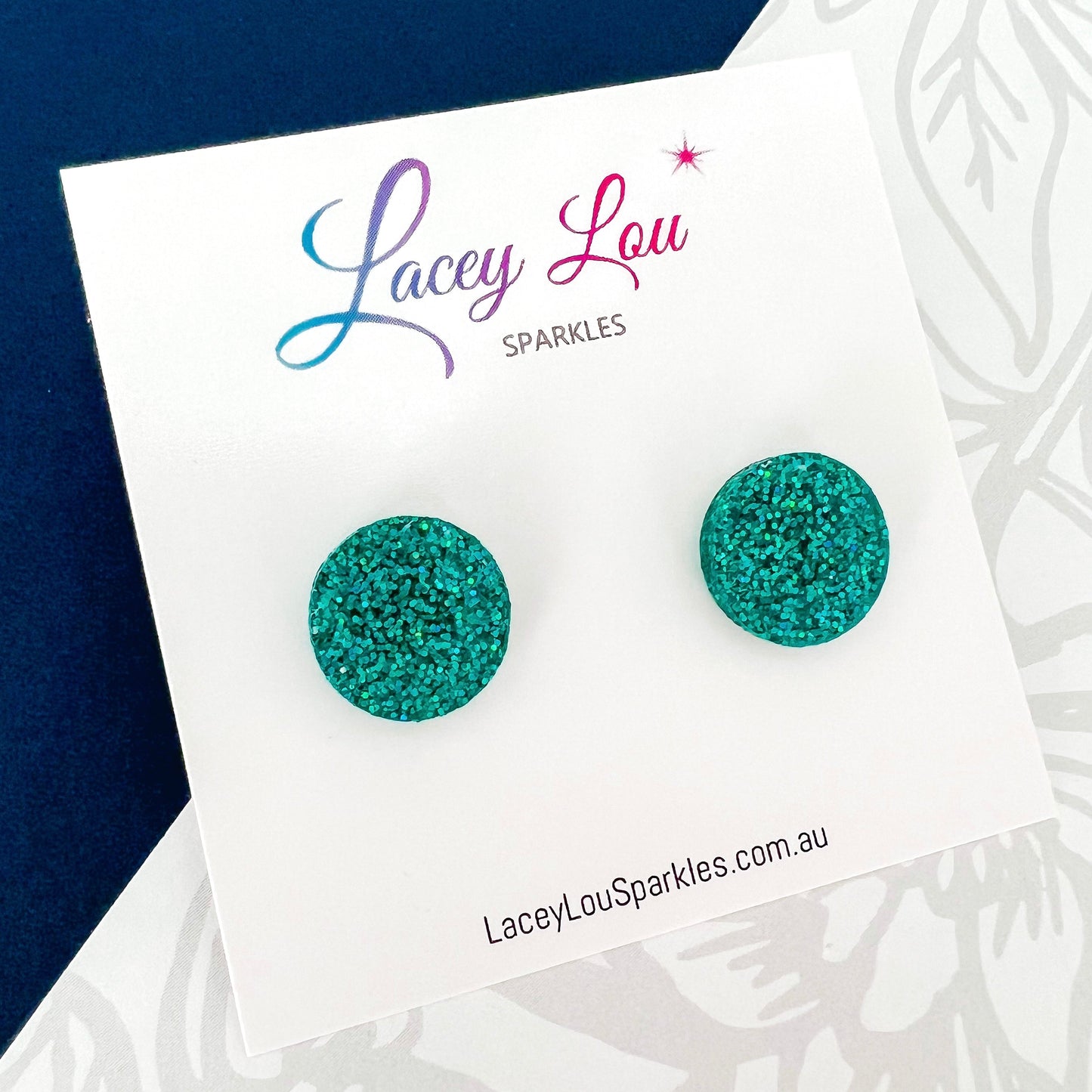 Small Round Acrylic Studs (15mm) - Green Fine Glitter - Lacey Lou Sparkles