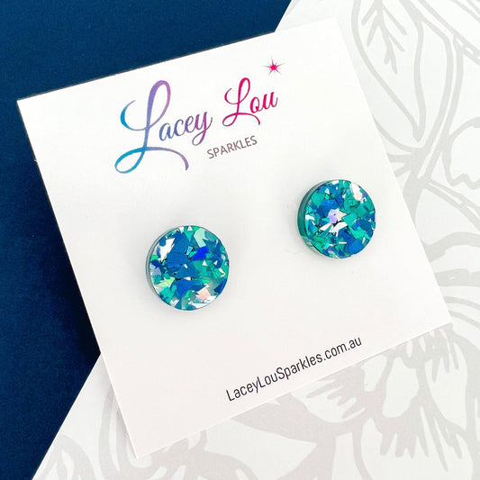 Small Round Acrylic Studs (15mm) - Ice Blue Shard Glitter - Lacey Lou Sparkles