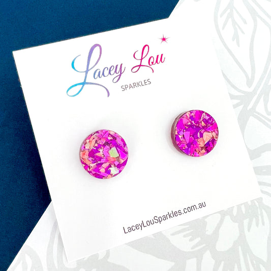 Small Round Acrylic Studs (15mm) - Unicorn Pink Shard Glitter - Lacey Lou Sparkles
