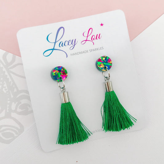 Small Silk Tassel Earrings - Green - Lacey Lou Sparkles