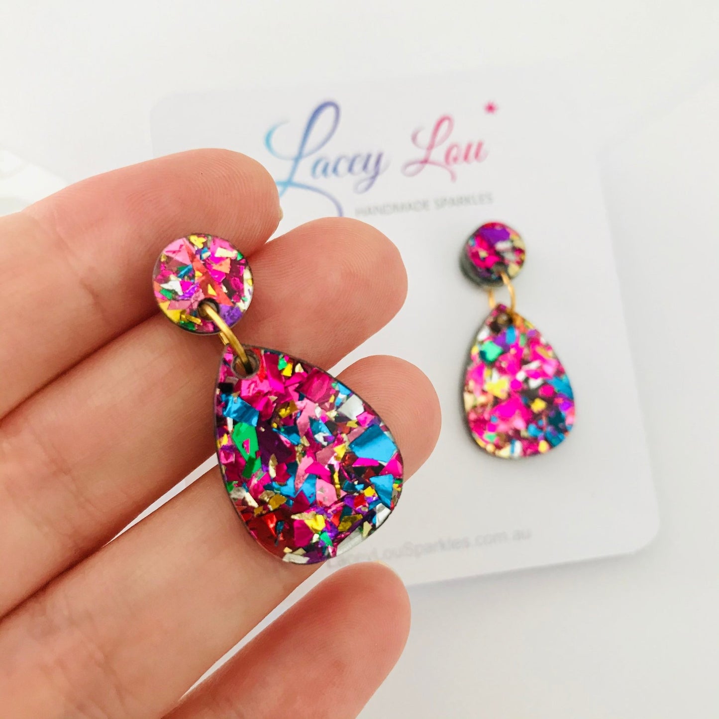 Small Teardrop Dangle - Rainbow Glitter Acrylic Earrings - Lacey Lou Sparkles