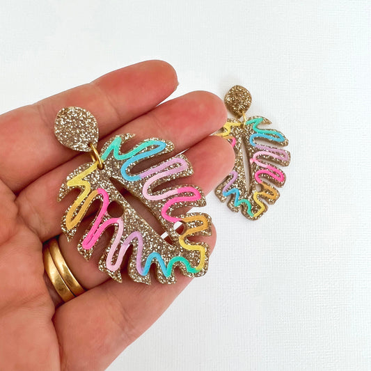 Statement Monstera Acrylic Dangles - Gold - Lacey Lou Sparkles
