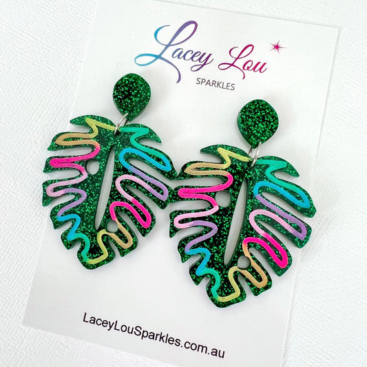 Statement Monstera Acrylic Dangles - Green - Lacey Lou Sparkles